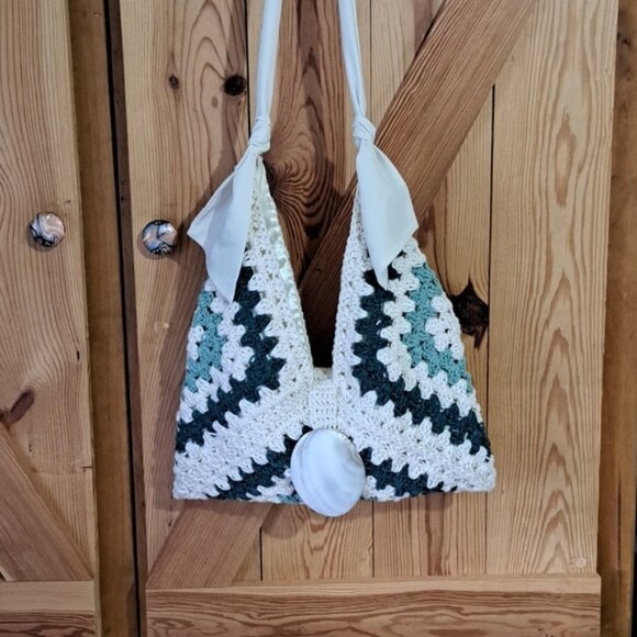 Hand Crafted Handbags - Hand Crafted Crochet Granny Square Three Triangle Cotton Bag Purse Tote